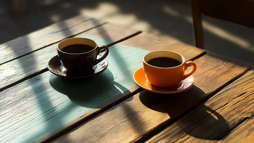 Morning light on twin coffee cups over rustic table.