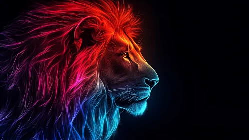 Neon lion profile radiates electric gradients in darkness.