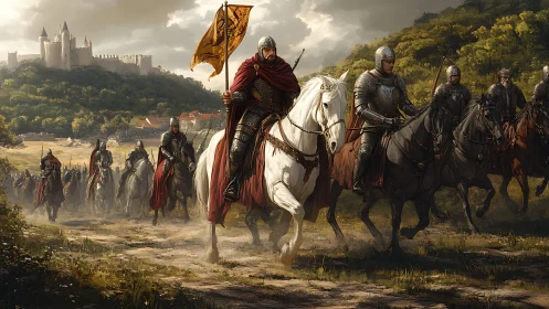 Medieval cavalry unit advances from fortified hilltop castle