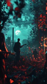 Moonlit guitarist in neon forest beside distant city skyline.
