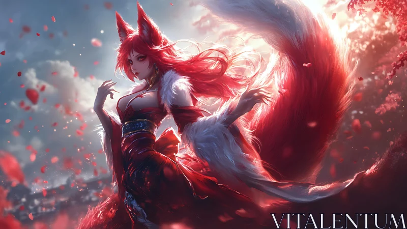 Crimson kitsune enchantress amid swirling rose petals.