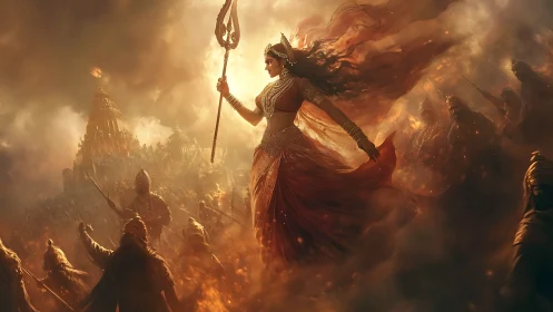 War goddess strides through flame-wreathed battlefield skies.