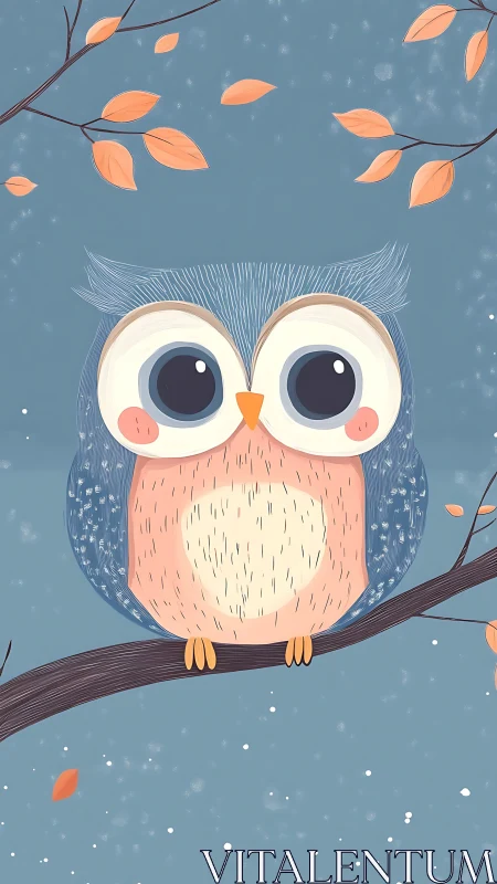 Stylized blue and peach owl on branch with falling leaves.