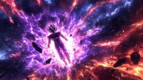Anime cosmic surge with radiant central character explosion.