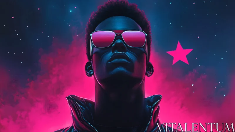 Neon-lit portrait captures a confident figure against cosmic glow