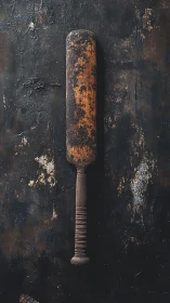 Weathered wooden club on distressed dark metal surface