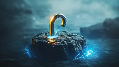 Electrified metallic hook embedded in wet rock under volumetric fog