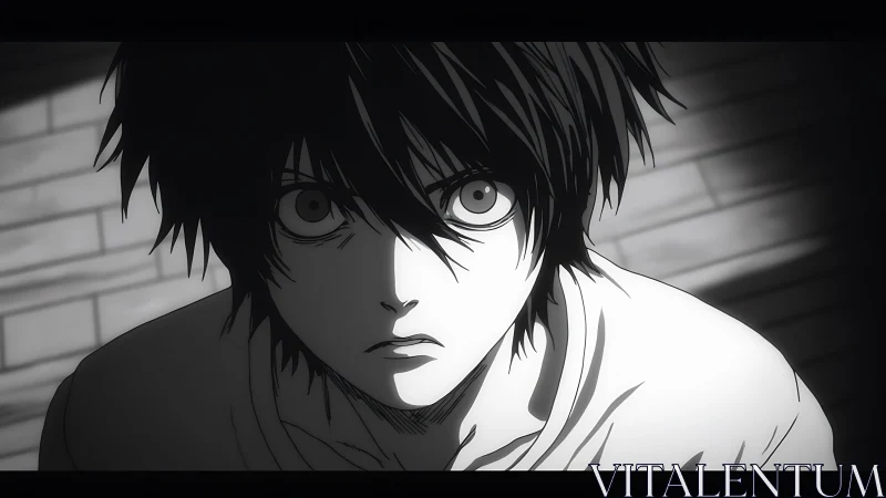 Monochrome anime close up of intense wide eyed character gaze