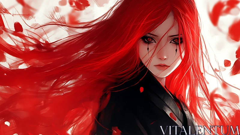 Red haired anime girl stares through swirling crimson petals