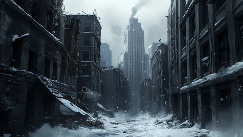 Snowbound post apocalyptic city canyon under gray sky.