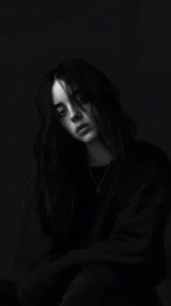 Somber monochrome portrait of a young woman in shadow.