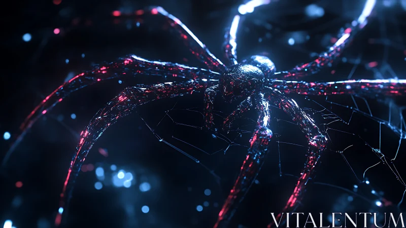 Glowing cybernetic spider on web in dark neon light.