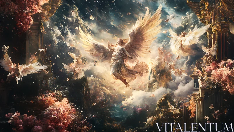 Heavenly garden of soaring angels in swirling golden light.