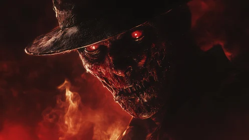 Burned skeletal figure in hat within red smoke field.