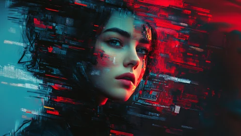 Glitch-fragmented female portrait merges skin realism and data artifacts