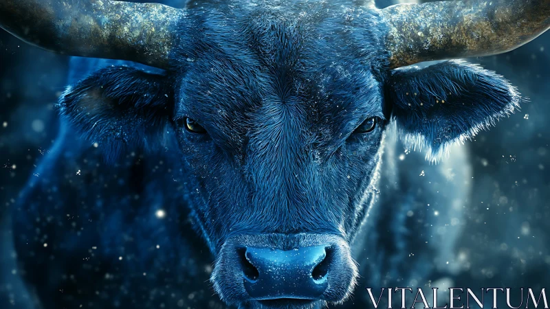 Midnight blue bull in swirling snow and quiet starlight.