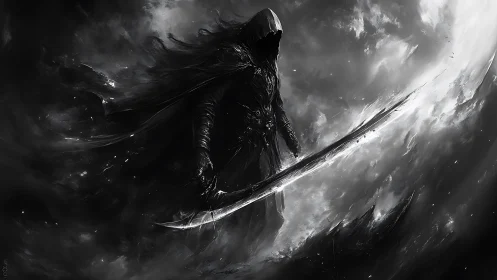 Shadow-clad reaper cleaves starlit storm with spectral blade