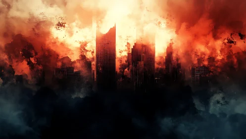 Apocalyptic high rise skyline engulfed in burning storm clouds.