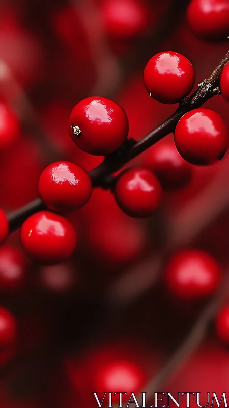 Bright red berries glowing softly on a winter branch.