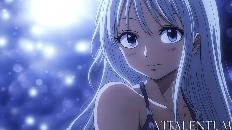 Silver haired anime girl in blue bokeh night lighting closeup