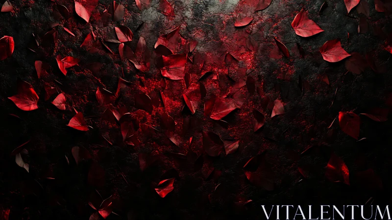 Textured crimson foliage over dark stone substrate backdrop.