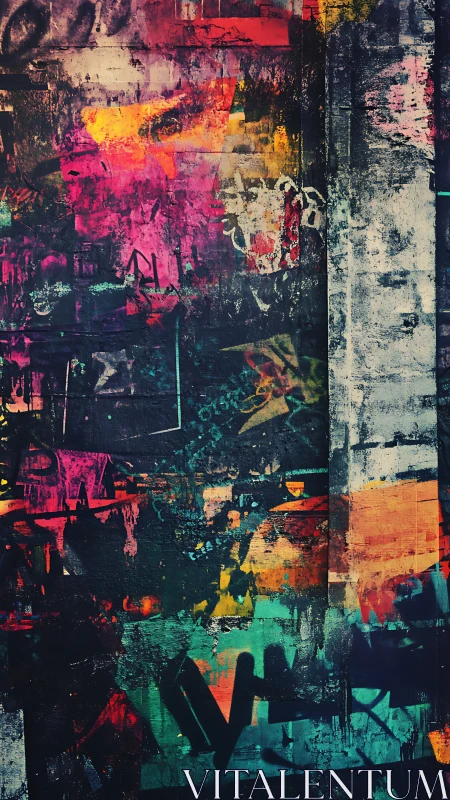 Layered neon graffiti textures blur along distressed wall