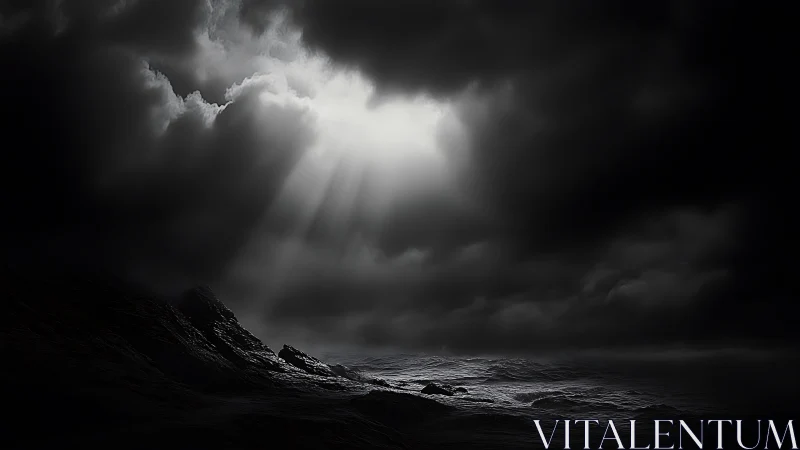 High-contrast storm seascape with volumetric crepuscular rays