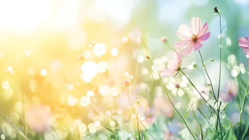 Delicate pink cosmos flowers dance in golden sunlight and dreams