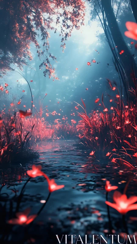 Crimson river drifts through bioluminescent twilight forest