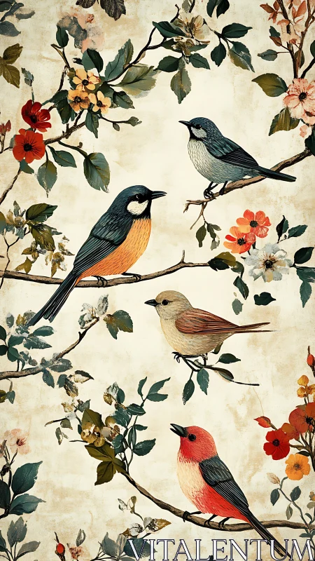 Songbirds on flowering branches in stylized vertical illustration.