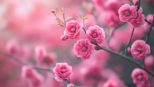 Pink Camellia Flowers on Dark Branches in Soft Focus