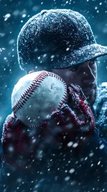 Photorealistic winter baseball portrait with dramatic depth of field.