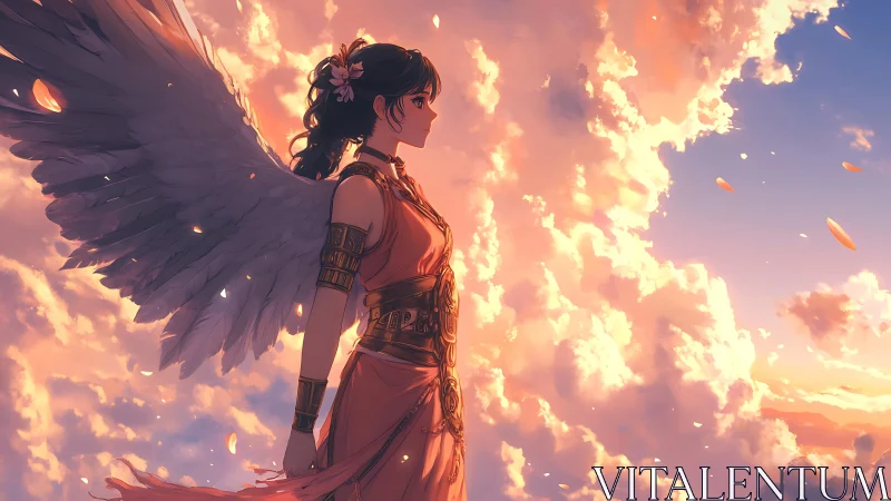 Winged warrior girl in sunset clouds, warm backlit profile