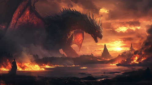 Colossal lava-veined dragon dominates burning coastal battlefield at dusk