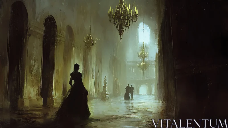 Silhouetted lady crossing a misty chandelier hall at dusk.