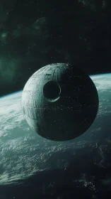 Massive spherical space station orbiting a blue planet.