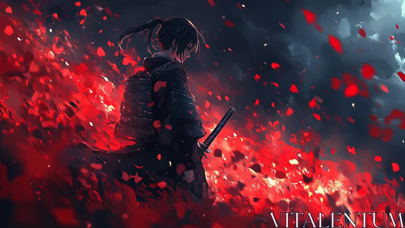 Lone samurai walks through a storm of crimson petals at dusk
