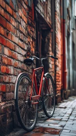 Red bicycle leaning against weathered brick wall in urban alley