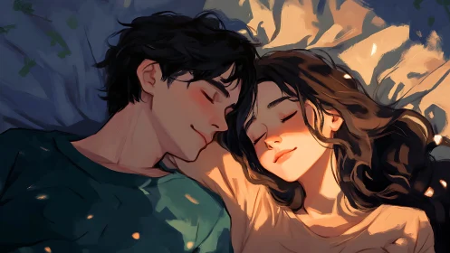 Two figures in intimate moment under golden light.