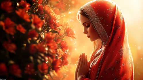 Woman in radiant red shawl pausing to pray by flowers.
