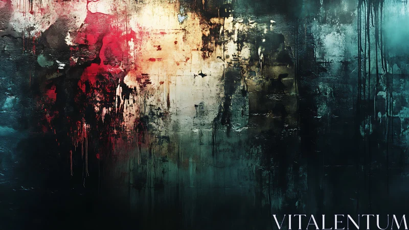 Abstract urban wall with red, teal, and light dripped paint.