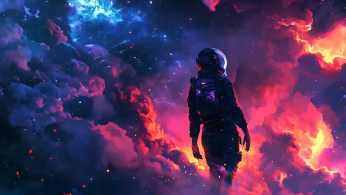 Lone astronaut walks through neon cosmic clouds of fire.