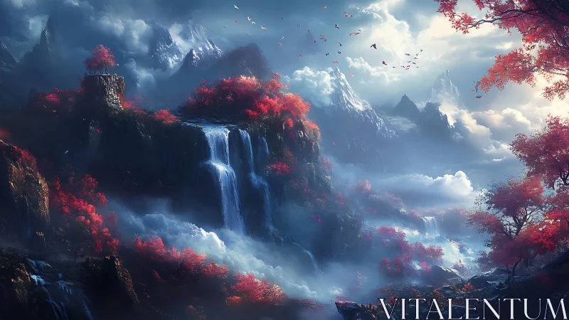 Crimson forests sip waterfall mist beneath dreaming peaks
