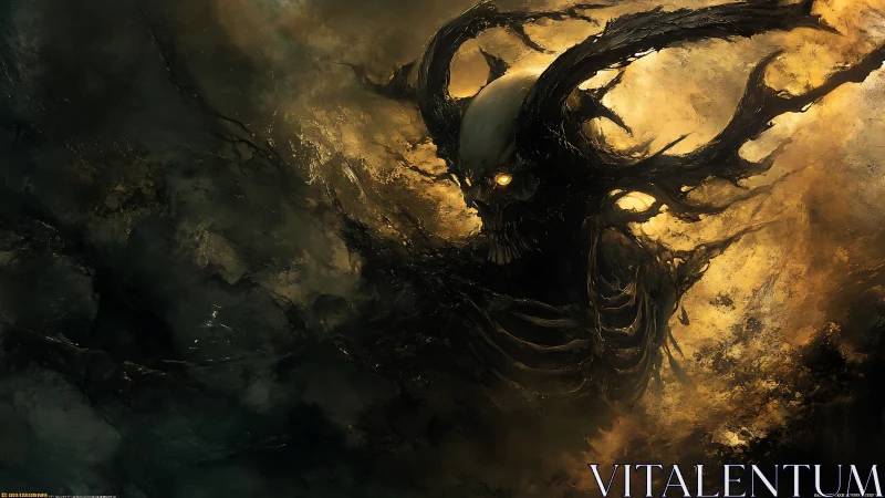 Demonic skeletal wraith emerges from swirling inferno clouds.