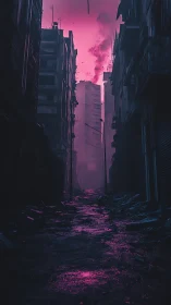Neon-lit ruined alley beneath toxic magenta skyline.