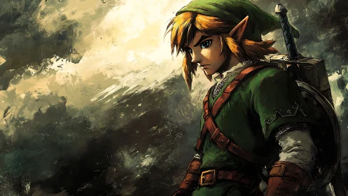 Elf warrior stands tense in painterly storm backdrop