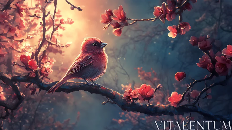 Red songbird on flowering branch in soft glowing light.