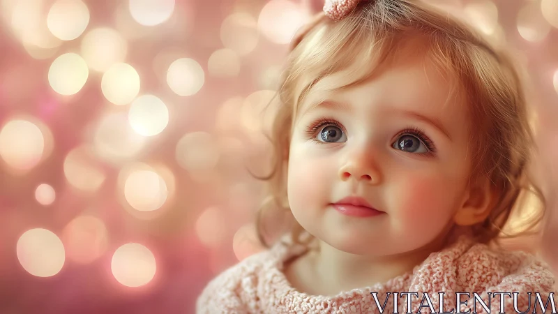 Serene toddler in soft pink portrait with bokeh lights.
