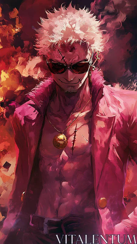 Scarred white‑haired antihero in crimson coat amid flames