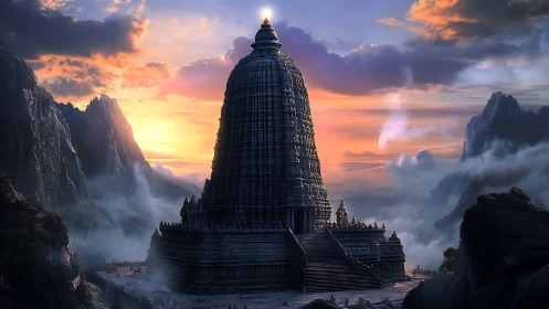 Vertical stone ziggurat-temple amid stratified misty mountains.